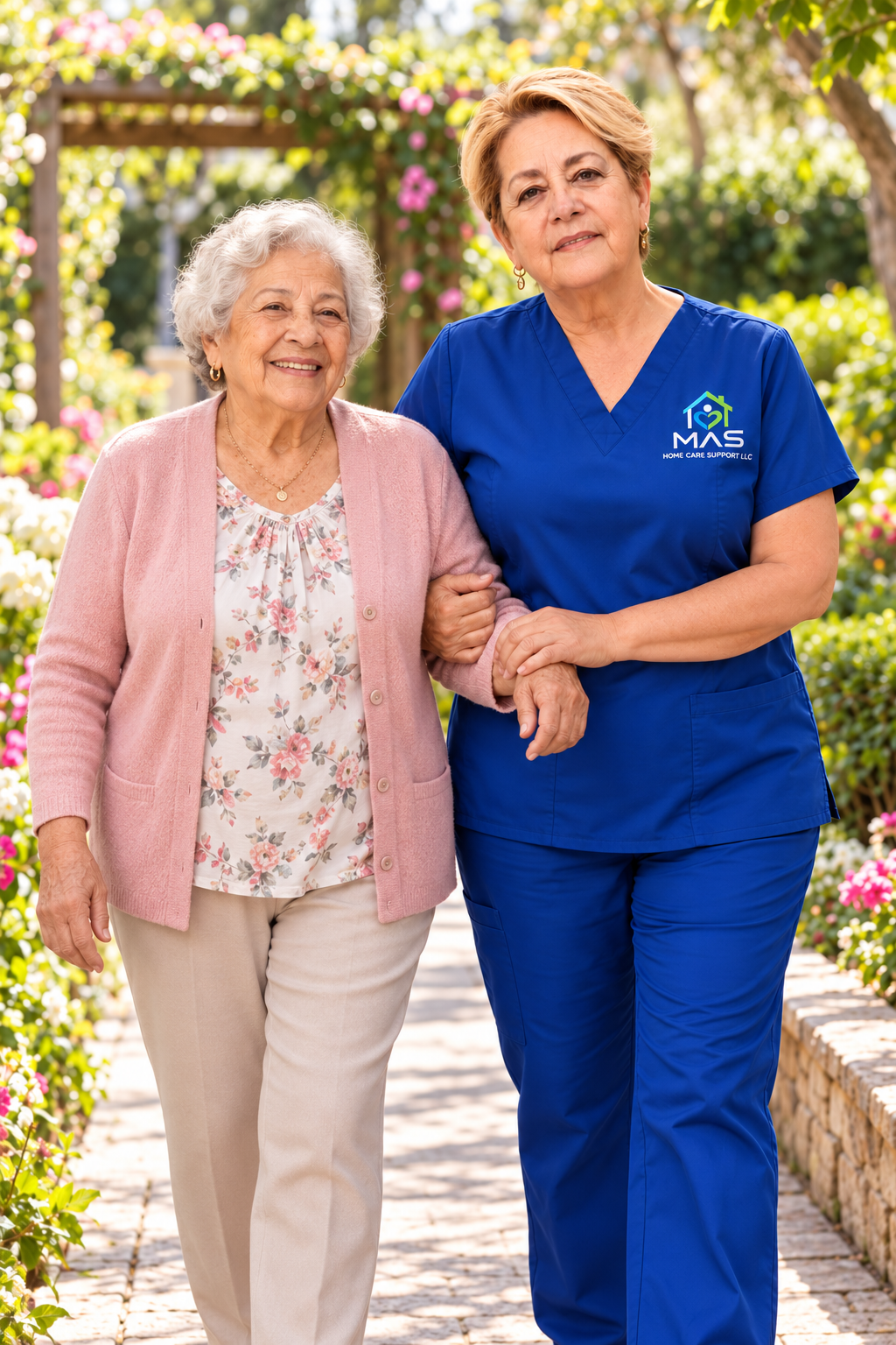 Caregiver walking outdoors with a client